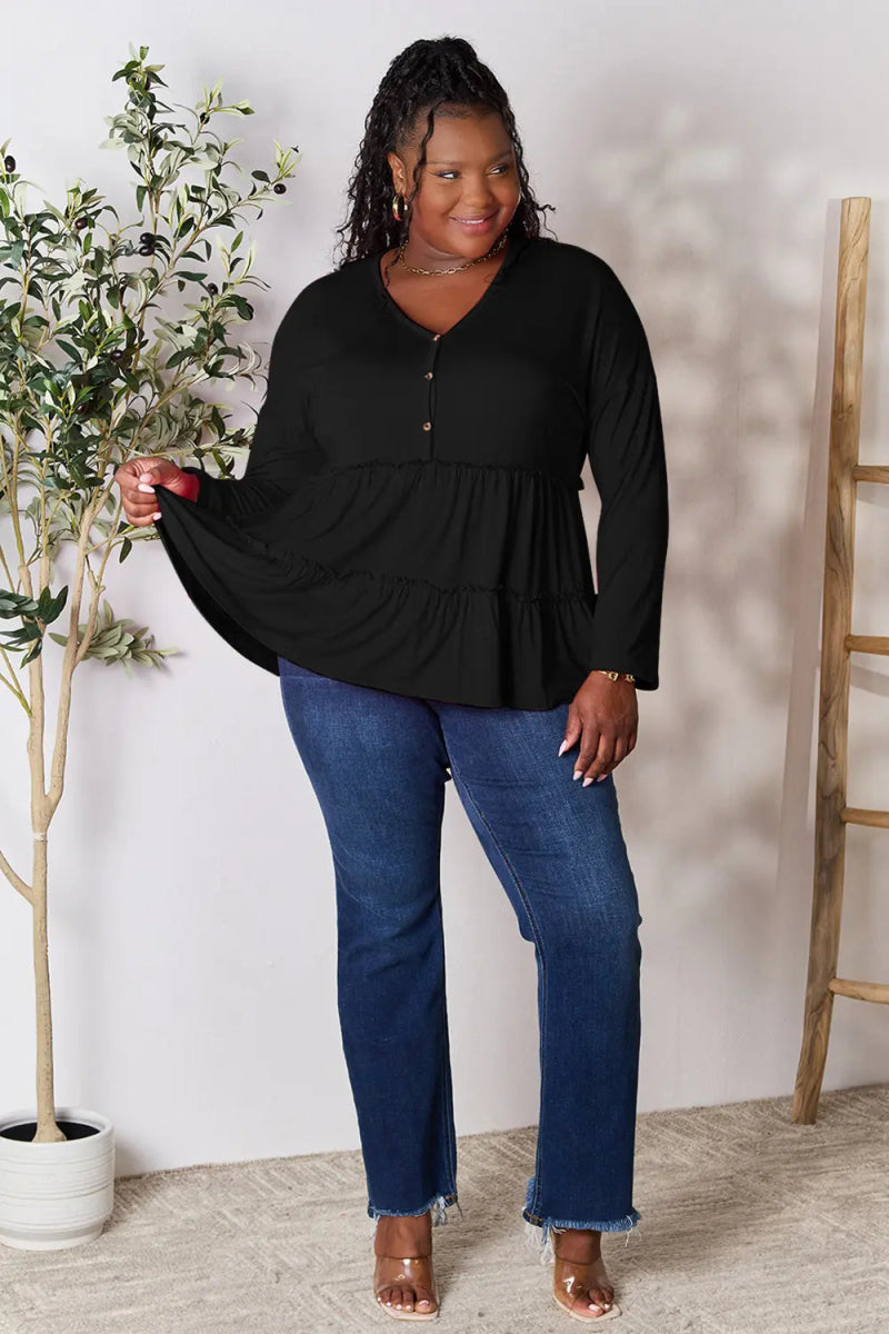 Double Take Half Button Long Sleeve Ruffle Hem Blouse - Love Salve
